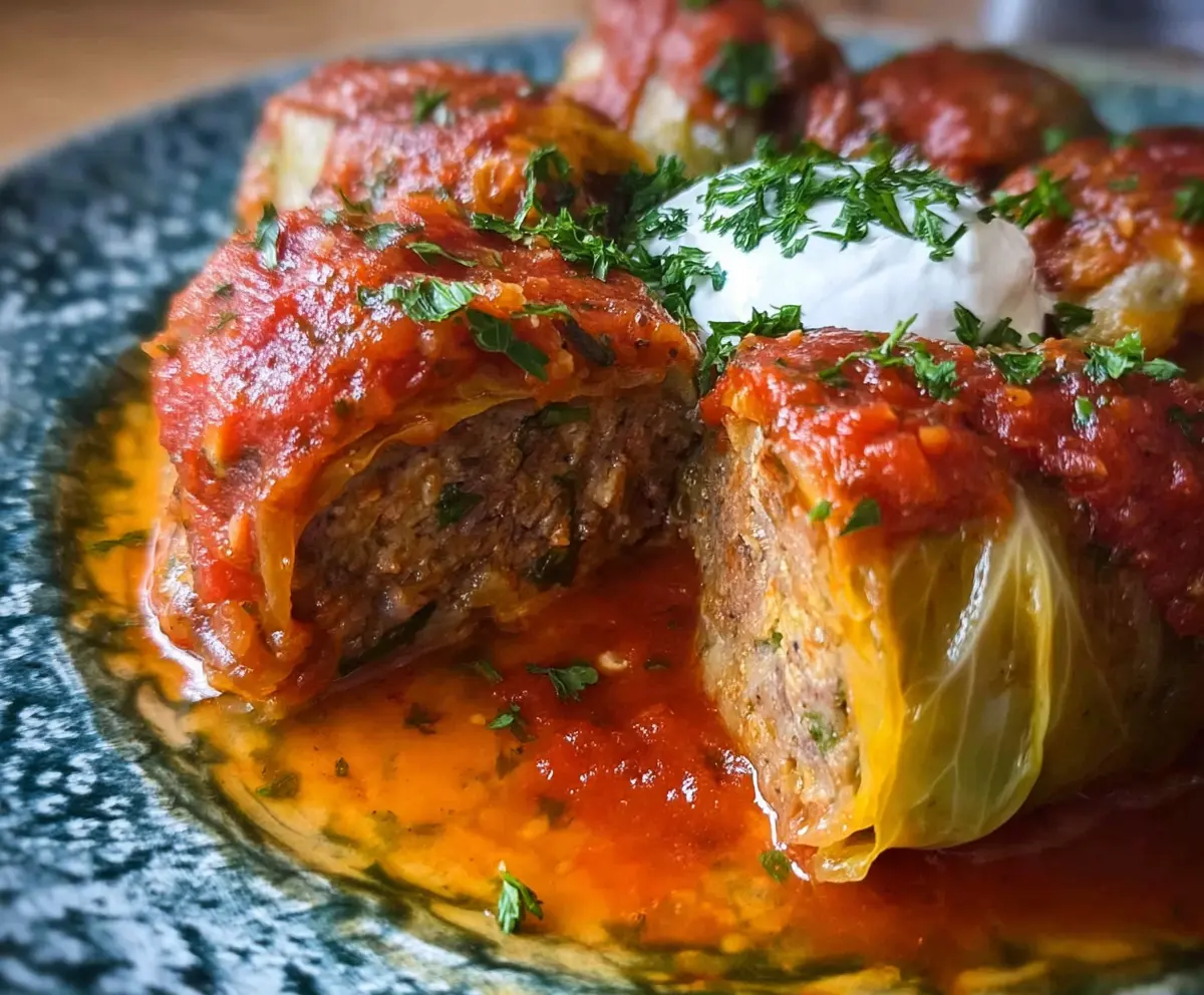 Delicious classic stuffed cabbage served on a plate, showcasing tender cabbage leaves filled with savory meat and rice stuffing.