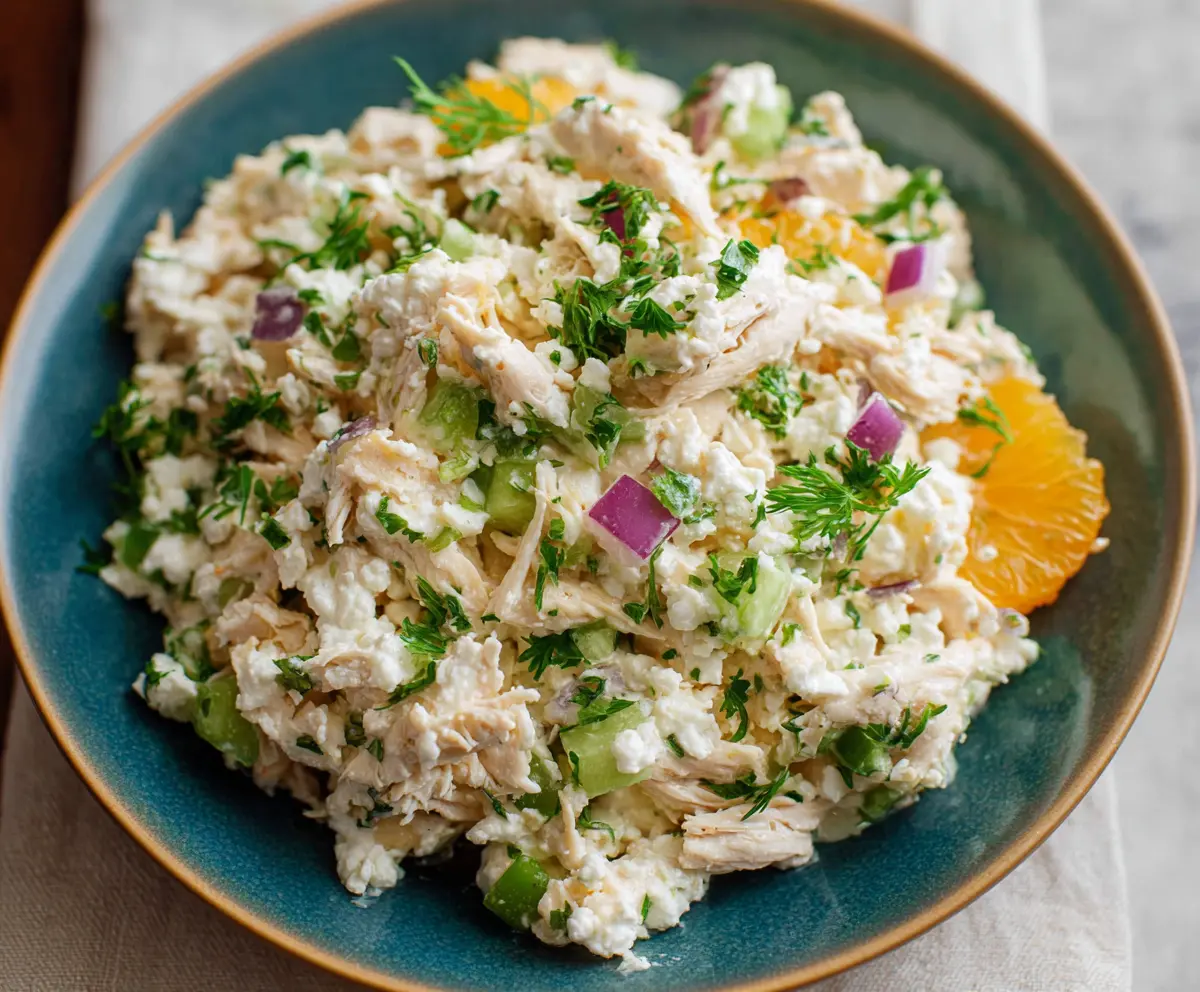 Healthy cottage cheese chicken salad garnished with fresh herbs on a white plate.
