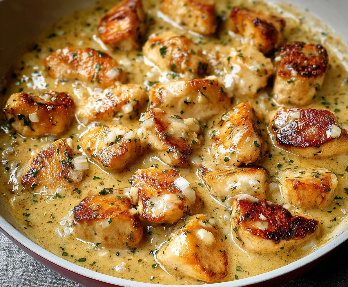 Delicious creamy garlic chicken bites served on a plate with herbs