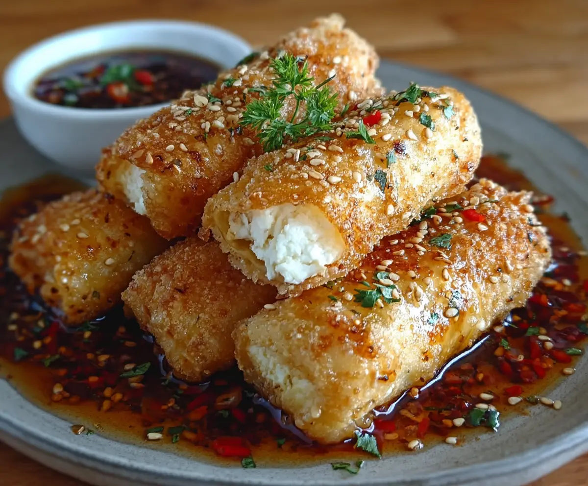 Crispy Oven Fried Feta Rolls with Chili Honey
