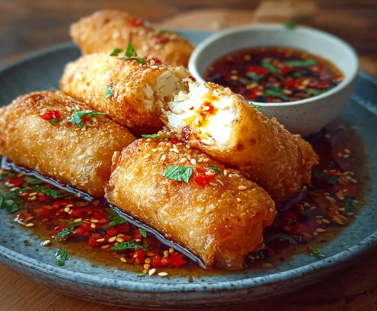 Crispy oven-fried feta rolls drizzled with chili honey on a rustic serving platter.
