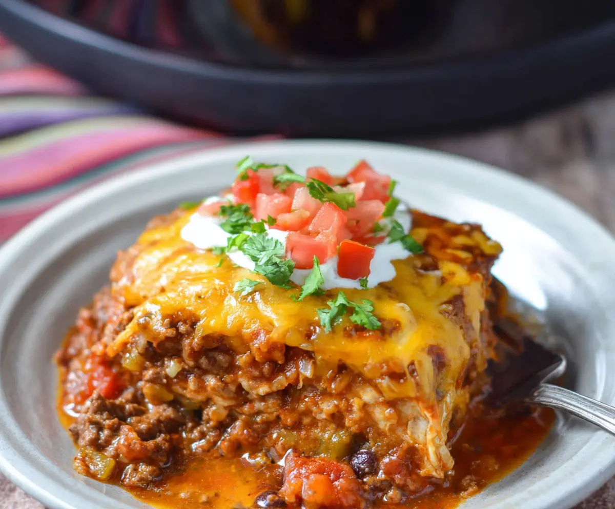Crockpot Beef Enchilada Casserole