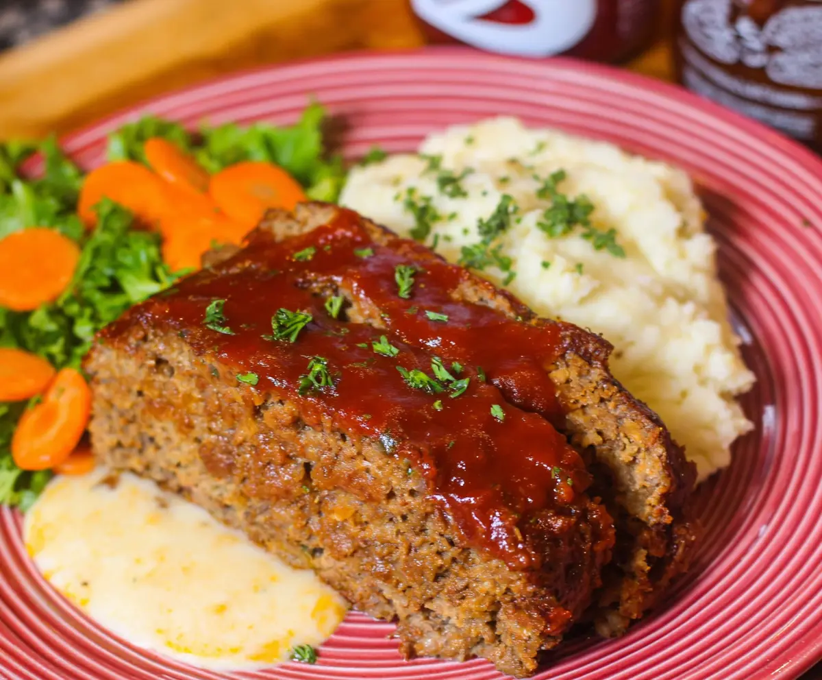 Juicy Crockpot Dr. Pepper Meatloaf served with a side of vegetables and mashed potatoes.