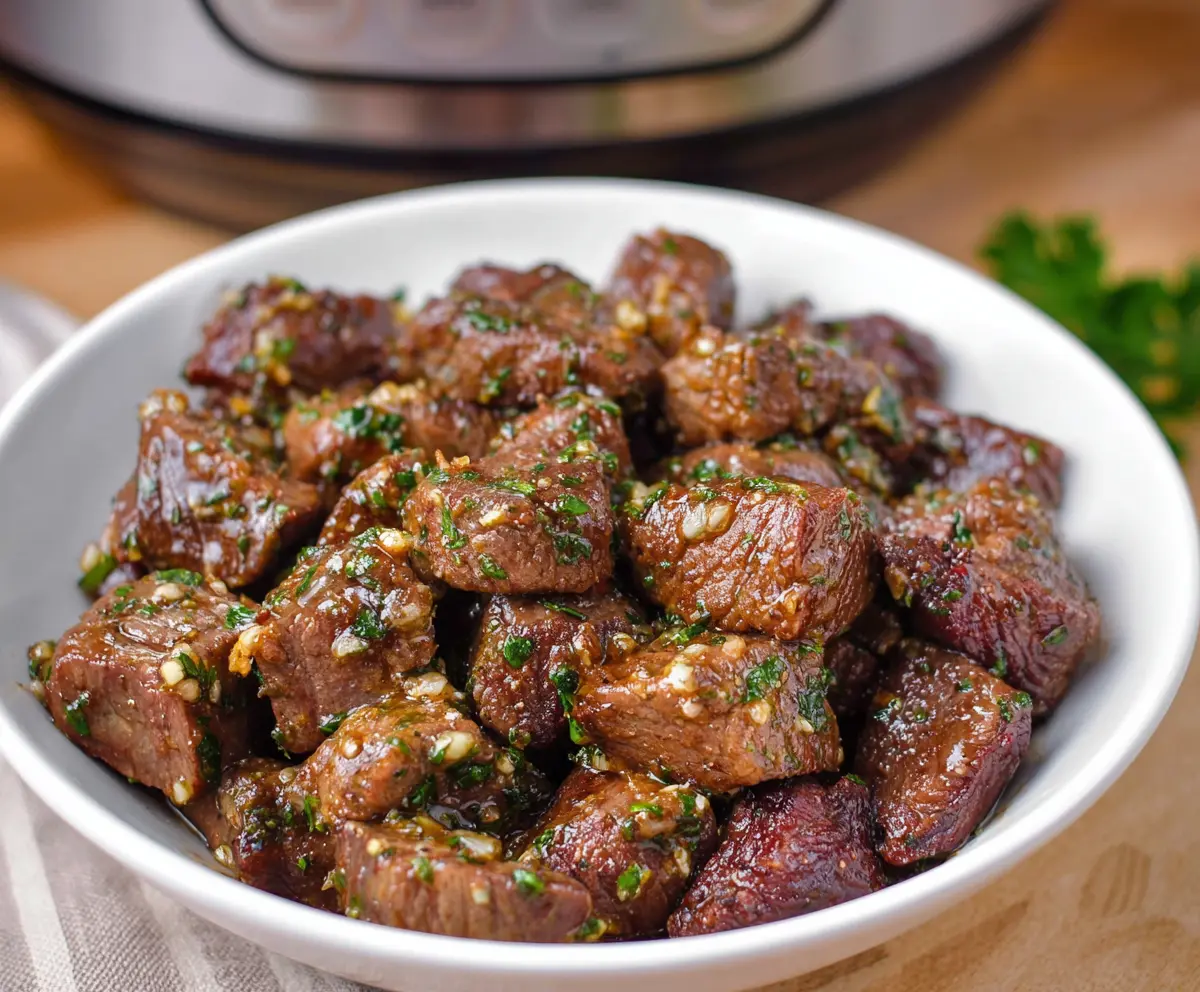 Juicy Crockpot Garlic Butter Steak Bites served with fresh herbs on a rustic plate.