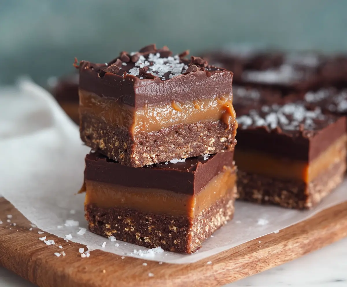 Delicious double chocolate caramel slice on a plate with a caramel drizzle and cocoa powder topping.