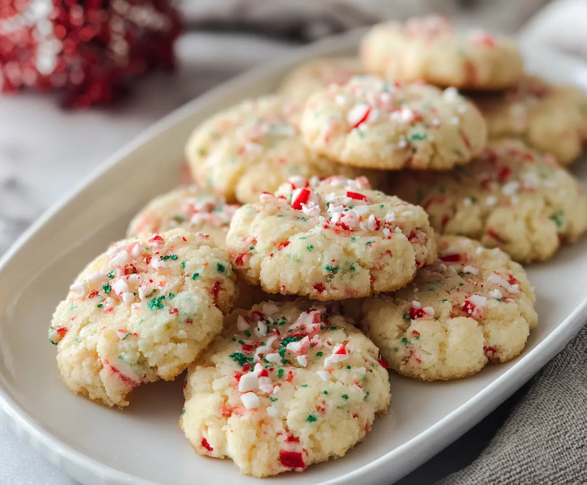 Delicious Easy Candy Cane Whipped Shortbread Cookies on a festive plate.