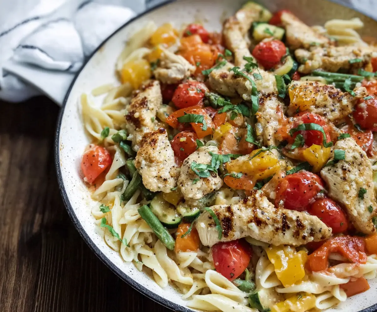 Delicious Easy Skillet Chicken Primavera with colorful vegetables and tender chicken in a savory sauce.