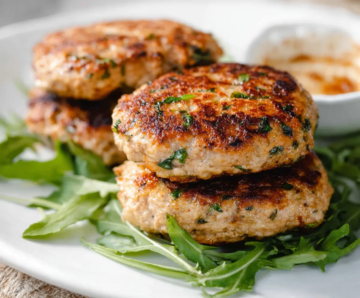 Cooked easy turkey patties stacked on a plate, perfect for a healthy meal.