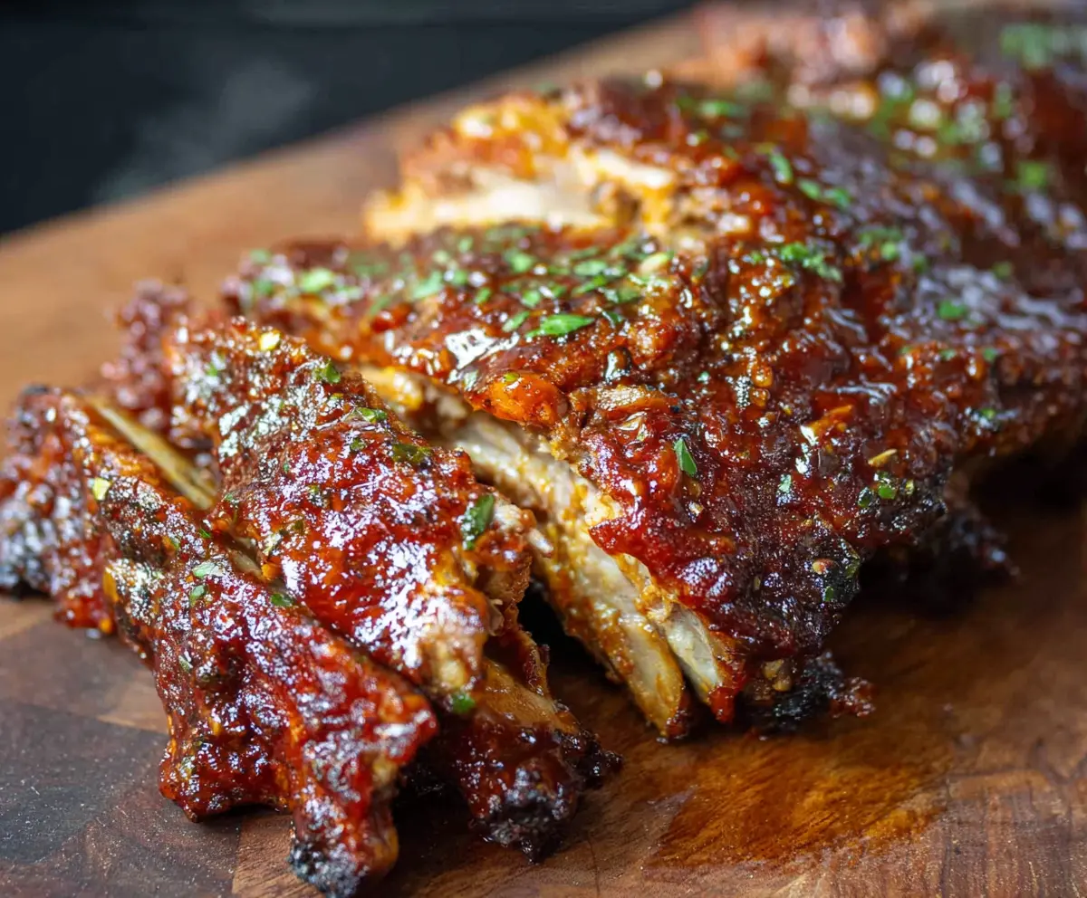 Juicy fall-off-the-bone ribs glazed with BBQ sauce on a plate, perfect for a delicious barbecue meal