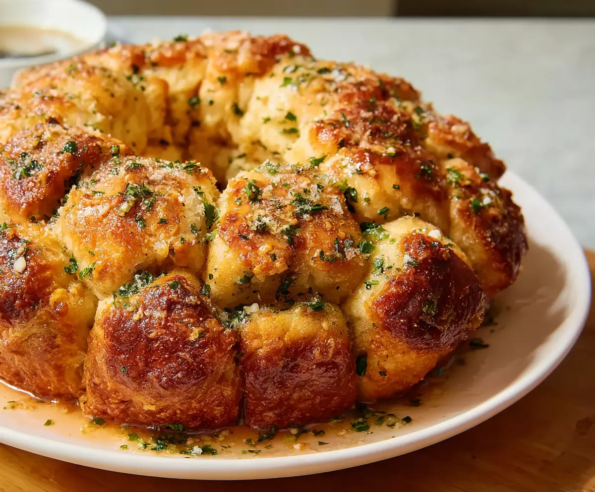 Delicious garlic Parmesan monkey bread with melted cheese and fresh herbs