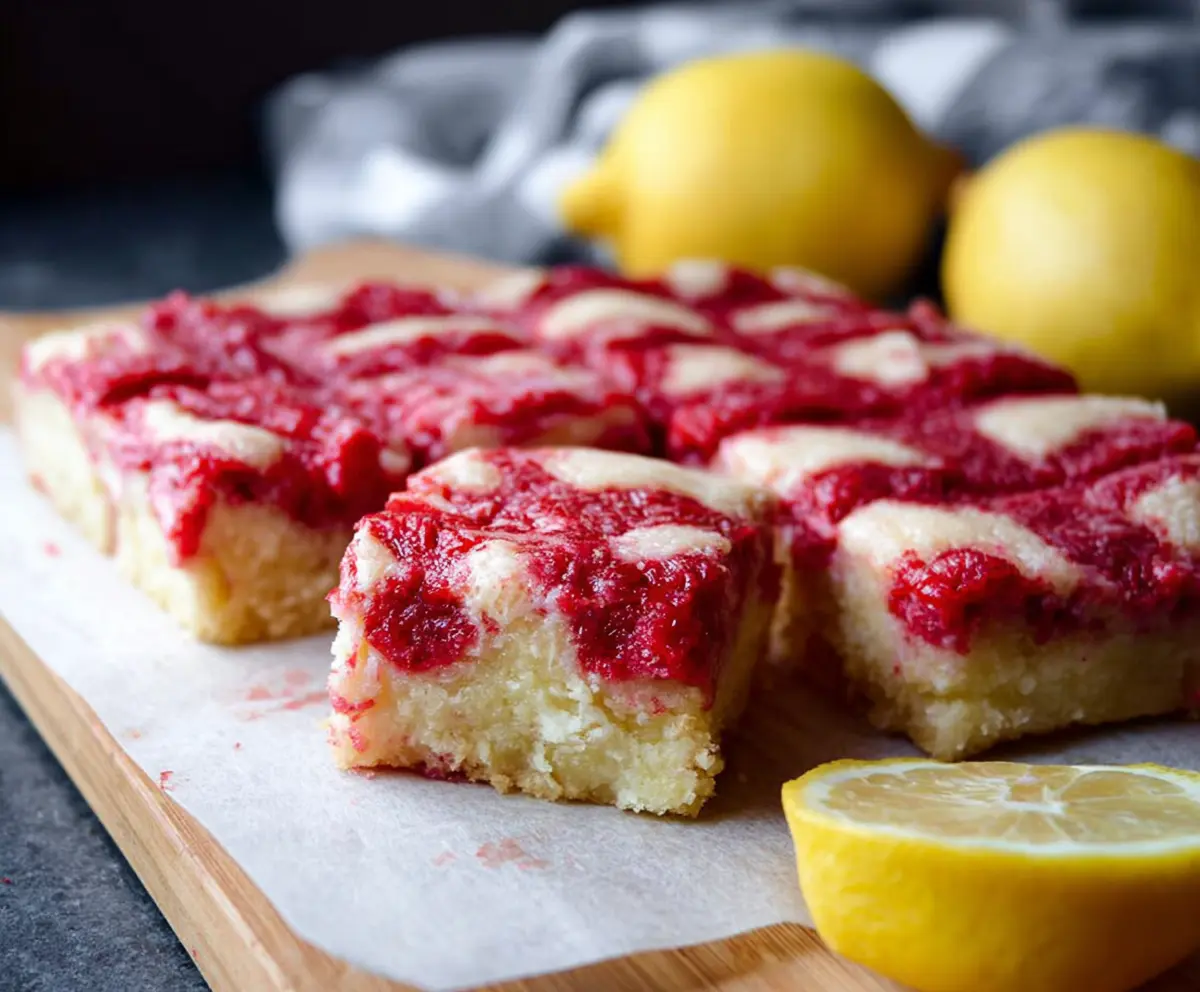 Delicious gluten-free raspberry lemon bars with a bright citrus glaze and fresh raspberries on top.