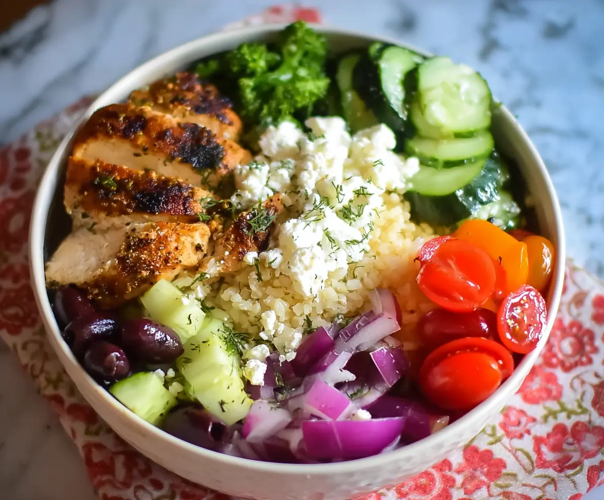 Delicious Greek Chicken Bowls with fresh vegetables and herbs, perfect for a healthy meal.
