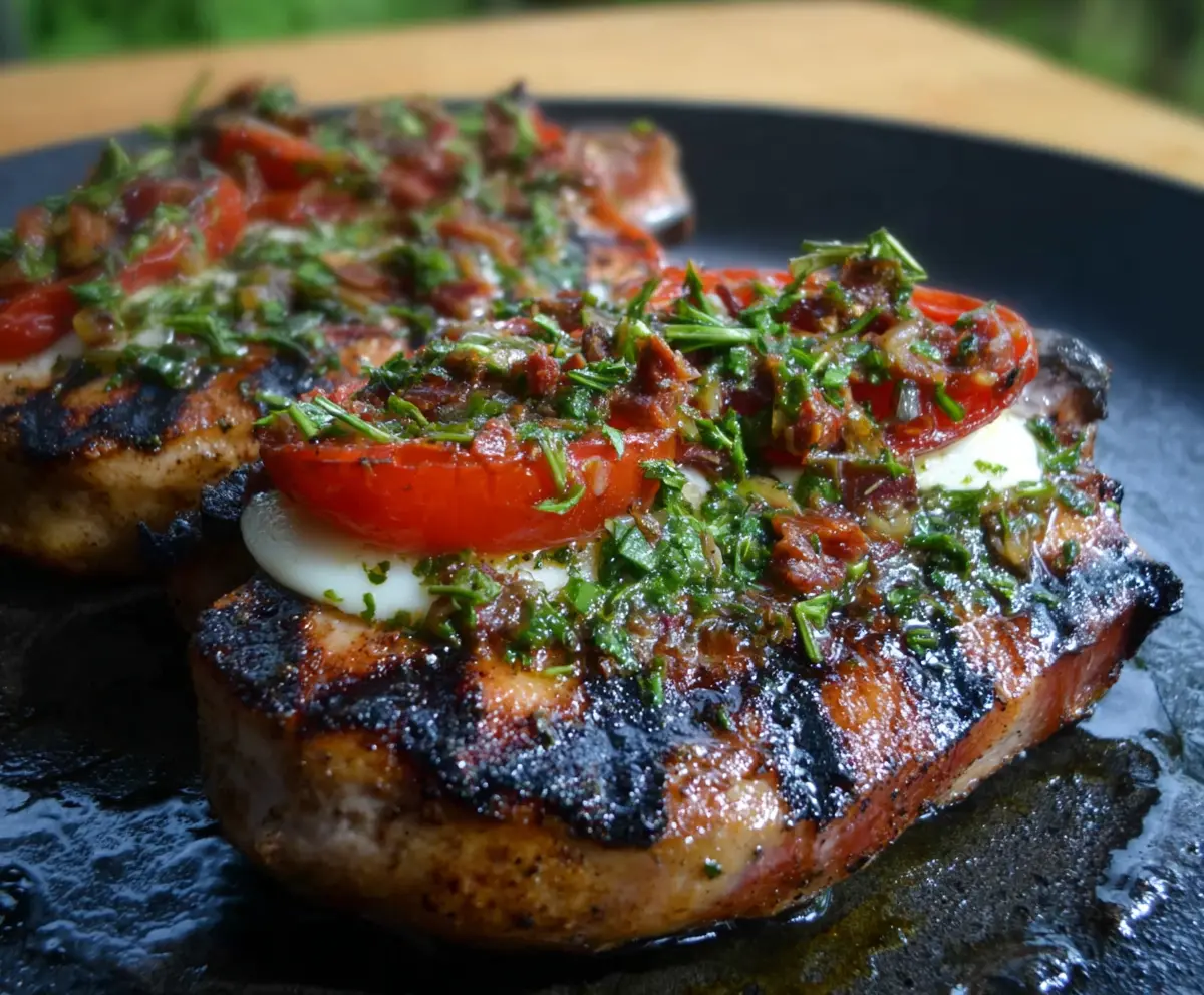 Juicy grilled Italian pork chops with herbs and spices on a BBQ grill.