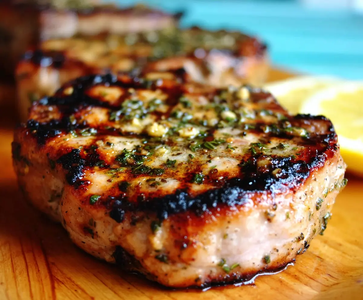Juicy grilled lemon herb pork chops served on a plate for a flavorful dinner.