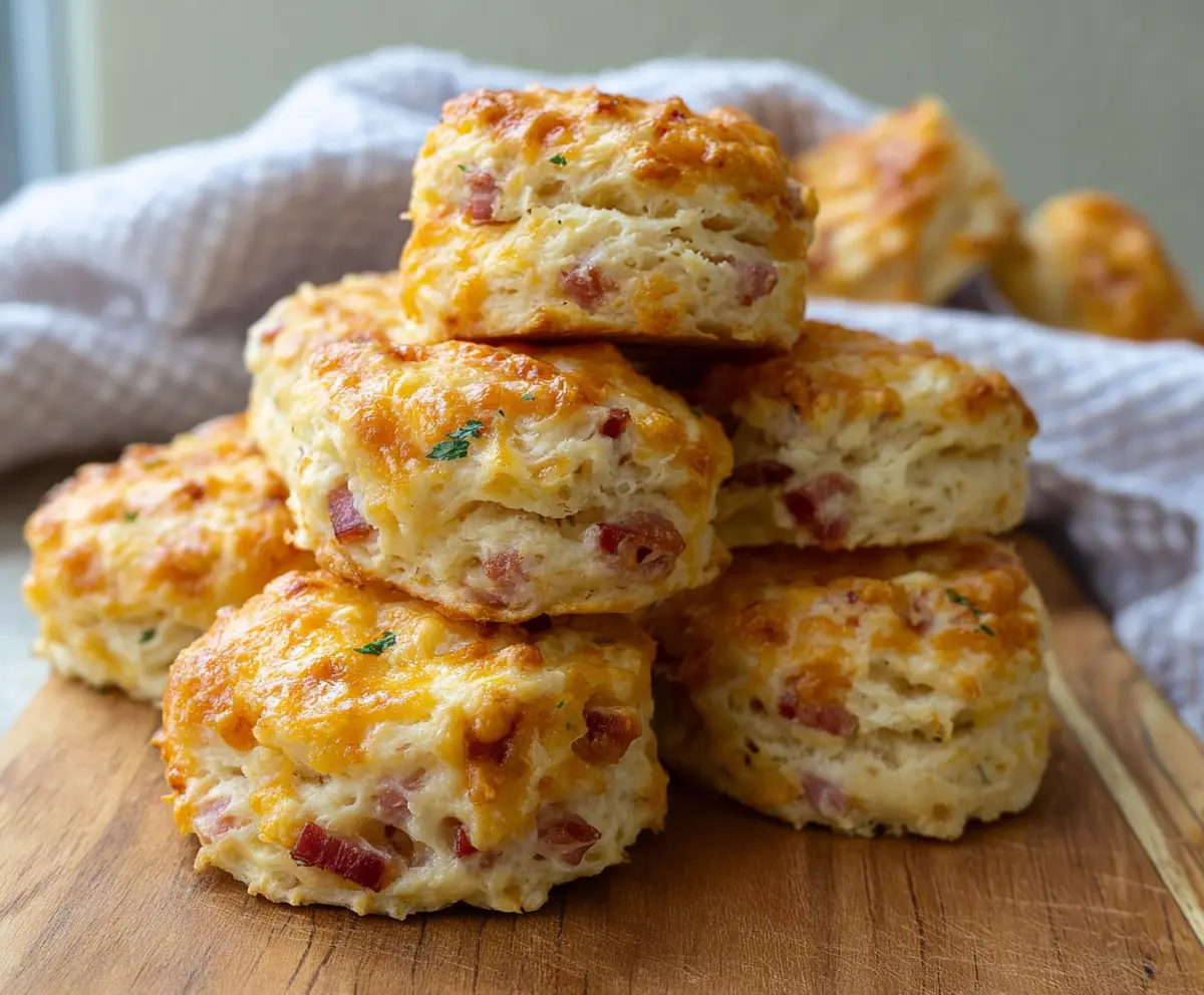 Delicious homemade ham and cheese biscuits fresh out of the oven, perfect for breakfast or snacks.