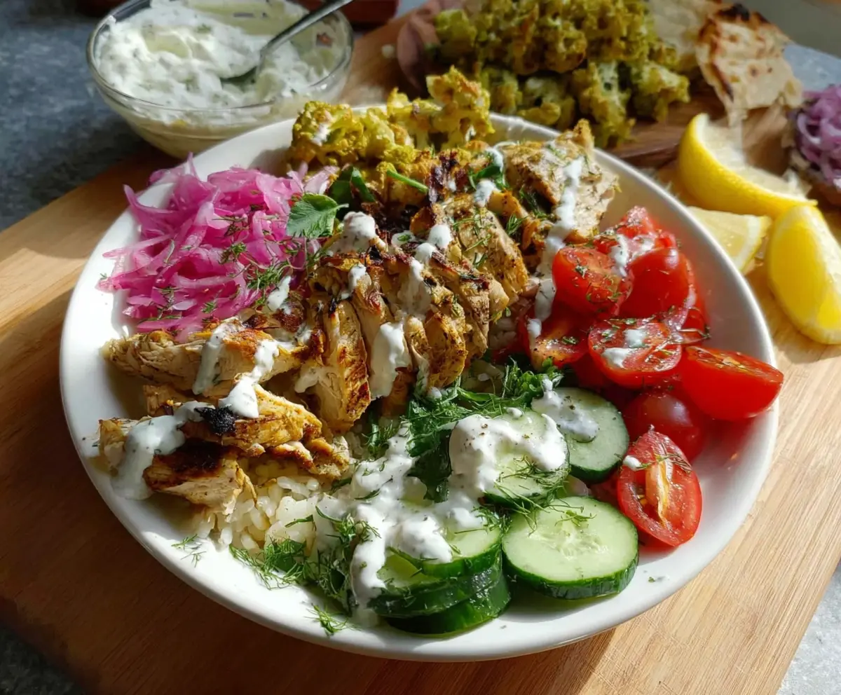 Healthy Chicken Shawarma Bowls with fresh vegetables and herbs on a plate
