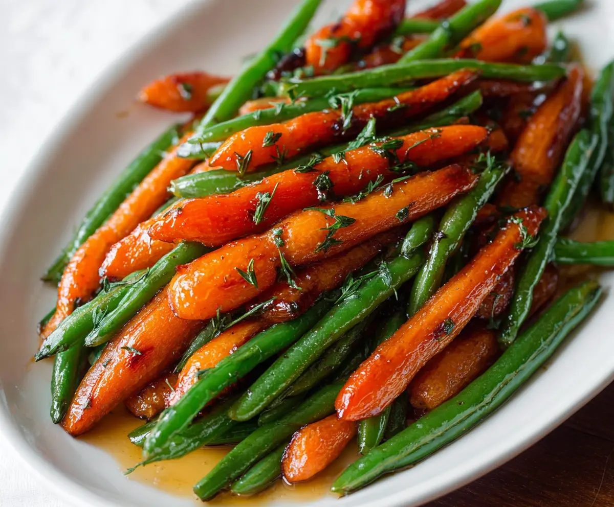 Delicious honey glazed carrots and green beans served as a healthy vegetable side dish.