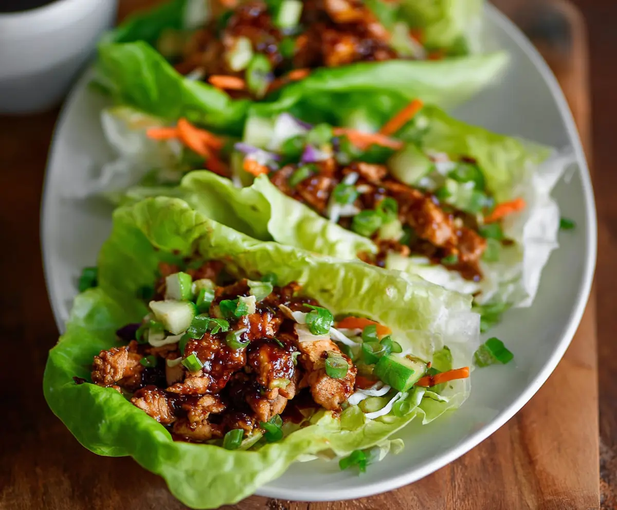 Delicious hot honey chicken lettuce wraps with fresh greens and crispy textures.