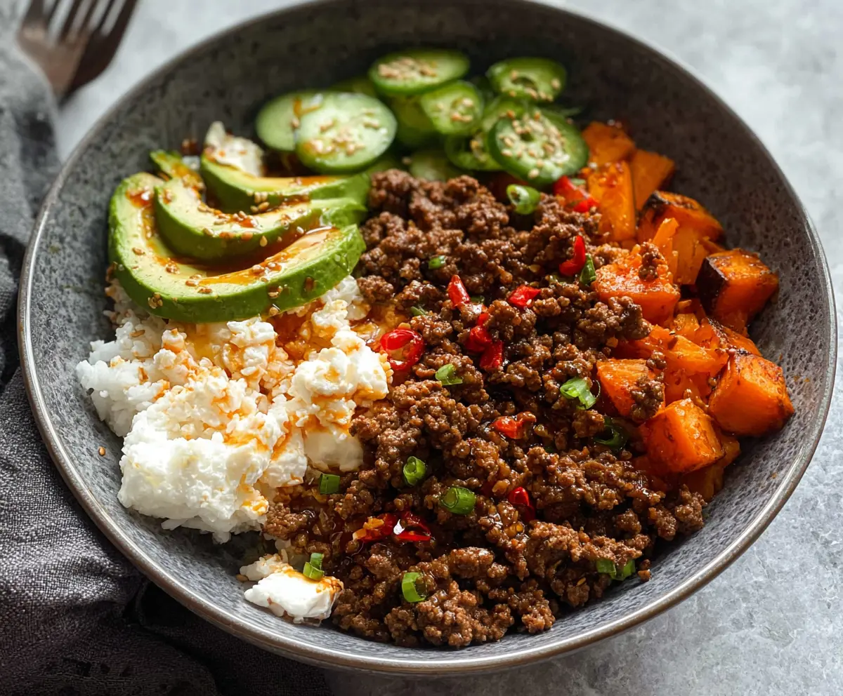 Delicious hot honey ground beef bowls topped with fresh herbs served in a bowl.