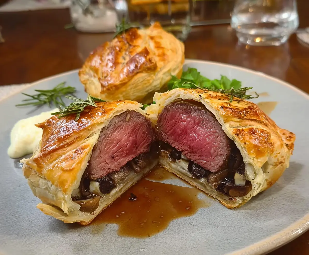 Delicious individual beef Wellingtons with golden puff pastry and tender beef fillet on a rustic plate.
