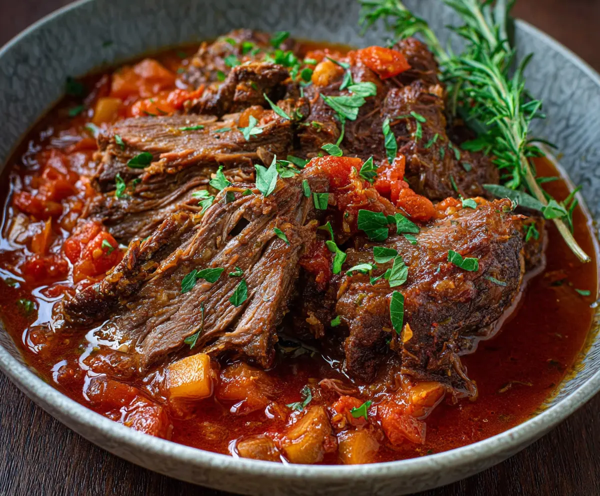Delicious Italian Pot Roast (Straccato) served with fresh herbs and vegetables.