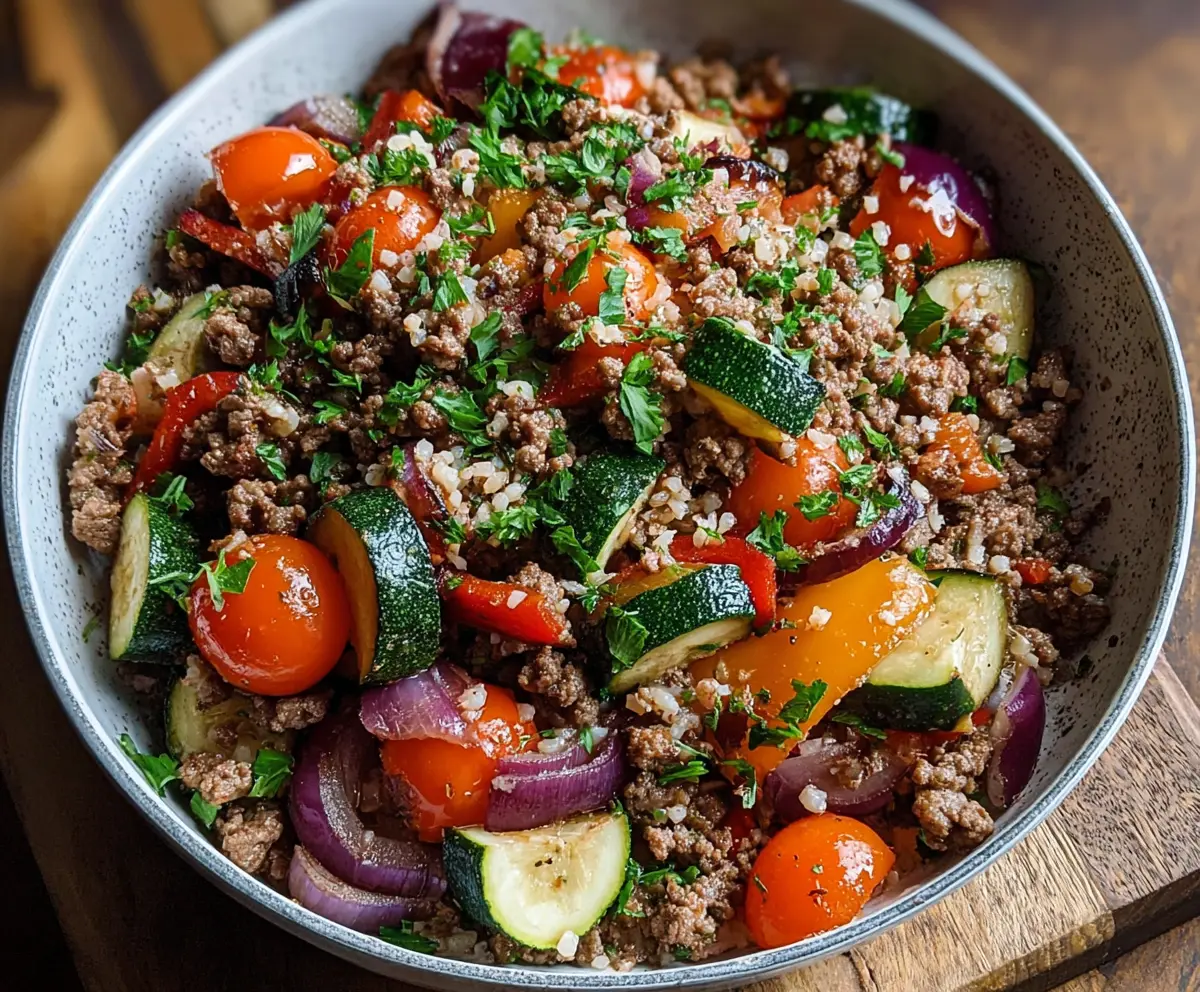 Colorful Mediterranean ground beef stir-fry with fresh vegetables and herbs in a skillet.