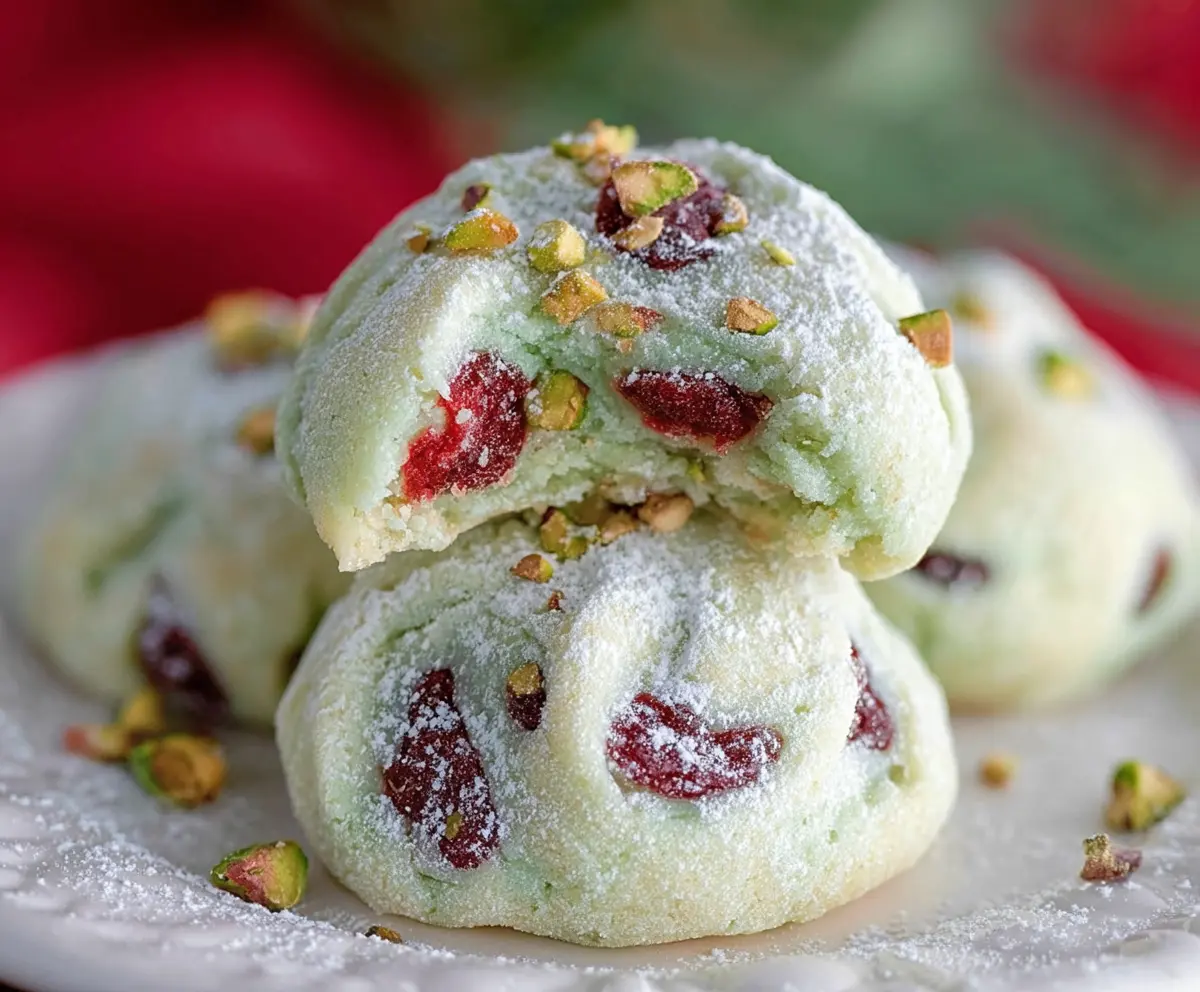 Delicious Pistachio Cherry Meltaways cookies with vibrant red cherries and chopped pistachios on a white plate.