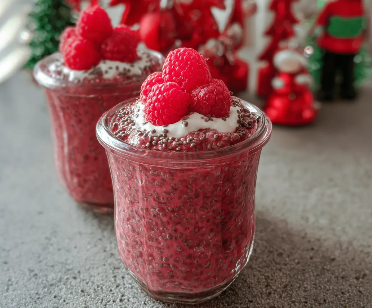 Delicious Raspberry Chia Seed Pudding topped with fresh berries and mint, healthy dessert option