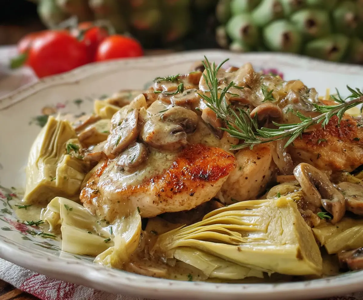 Delicious Romantic Chicken with Artichokes and Mushrooms on a dinner plate