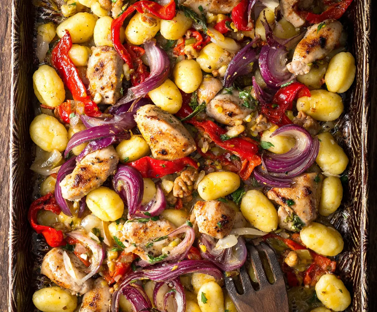 Delicious sheet pan chicken scarpariello served with cozy gnocchi for a hearty meal.