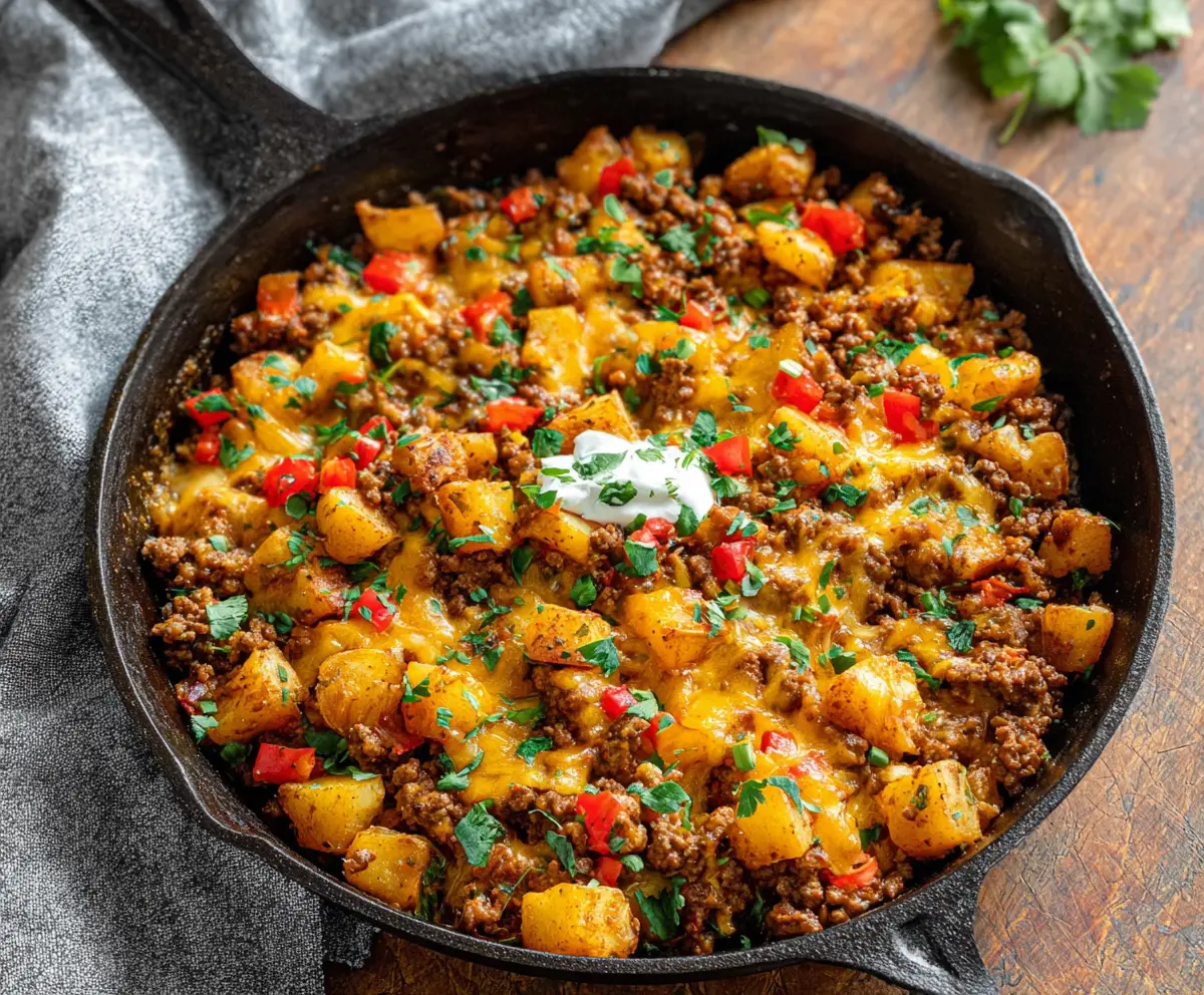 Delicious Southwest Ground Beef and Potato Skillet in a vibrant serving dish, highlighting a hearty, flavorful meal with seasoned beef, potatoes, and colorful vegetables.