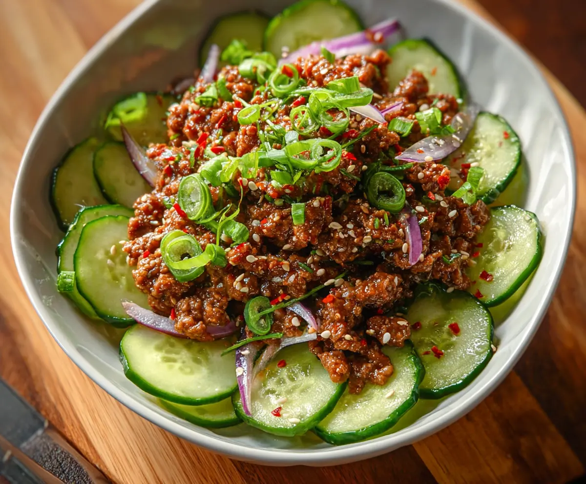 Spicy Keto Korean Ground Beef with Cucumber Salad