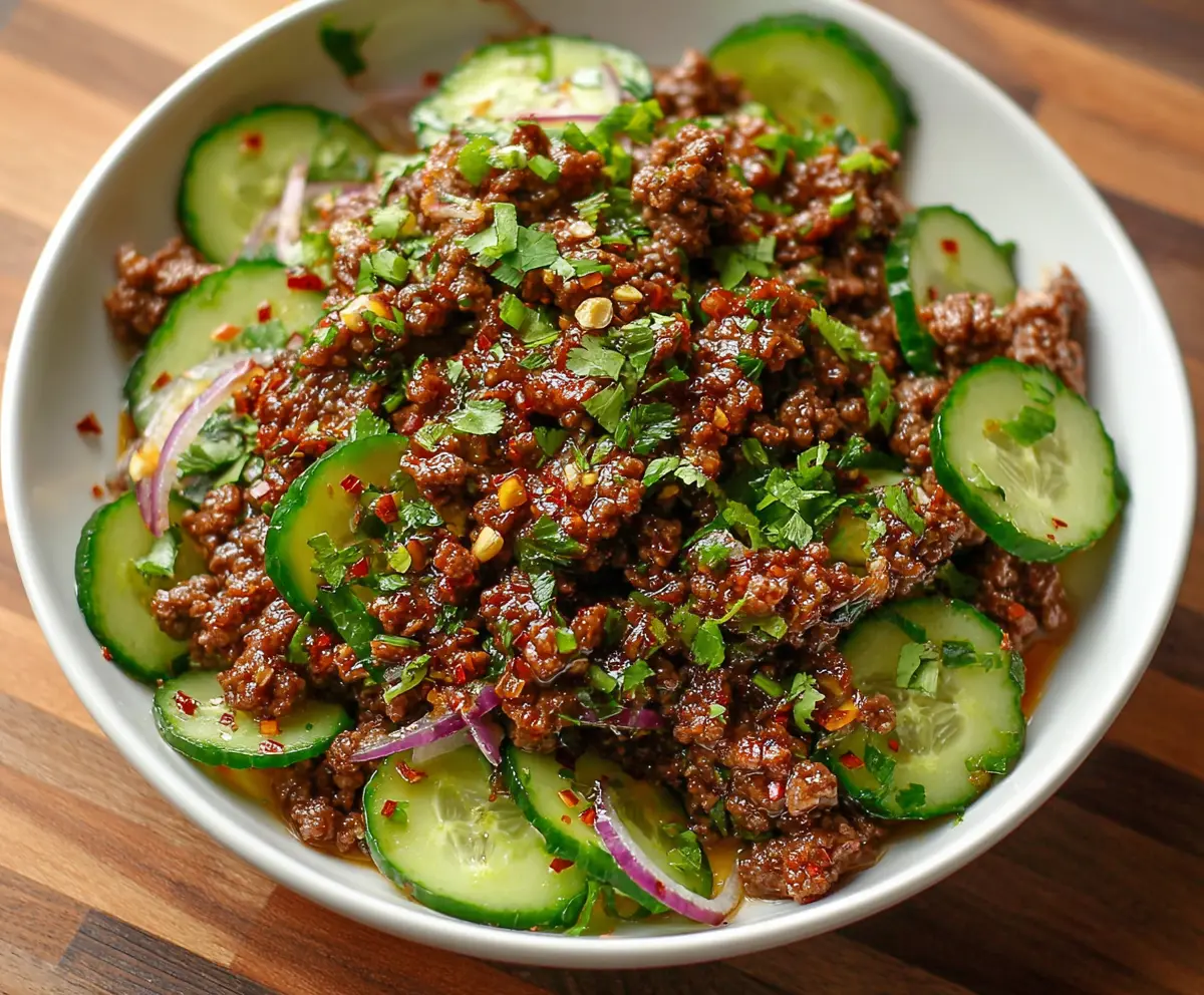 Delicious spicy keto Korean ground beef served with fresh cucumber salad, perfect for low-carb meals.