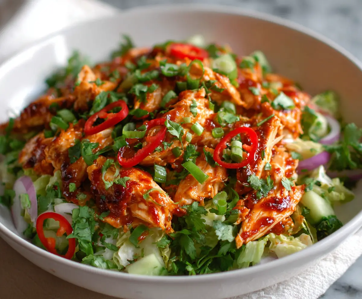 Fresh sweet chili chicken salad with colorful vegetables and a drizzle of dressing on a white plate.