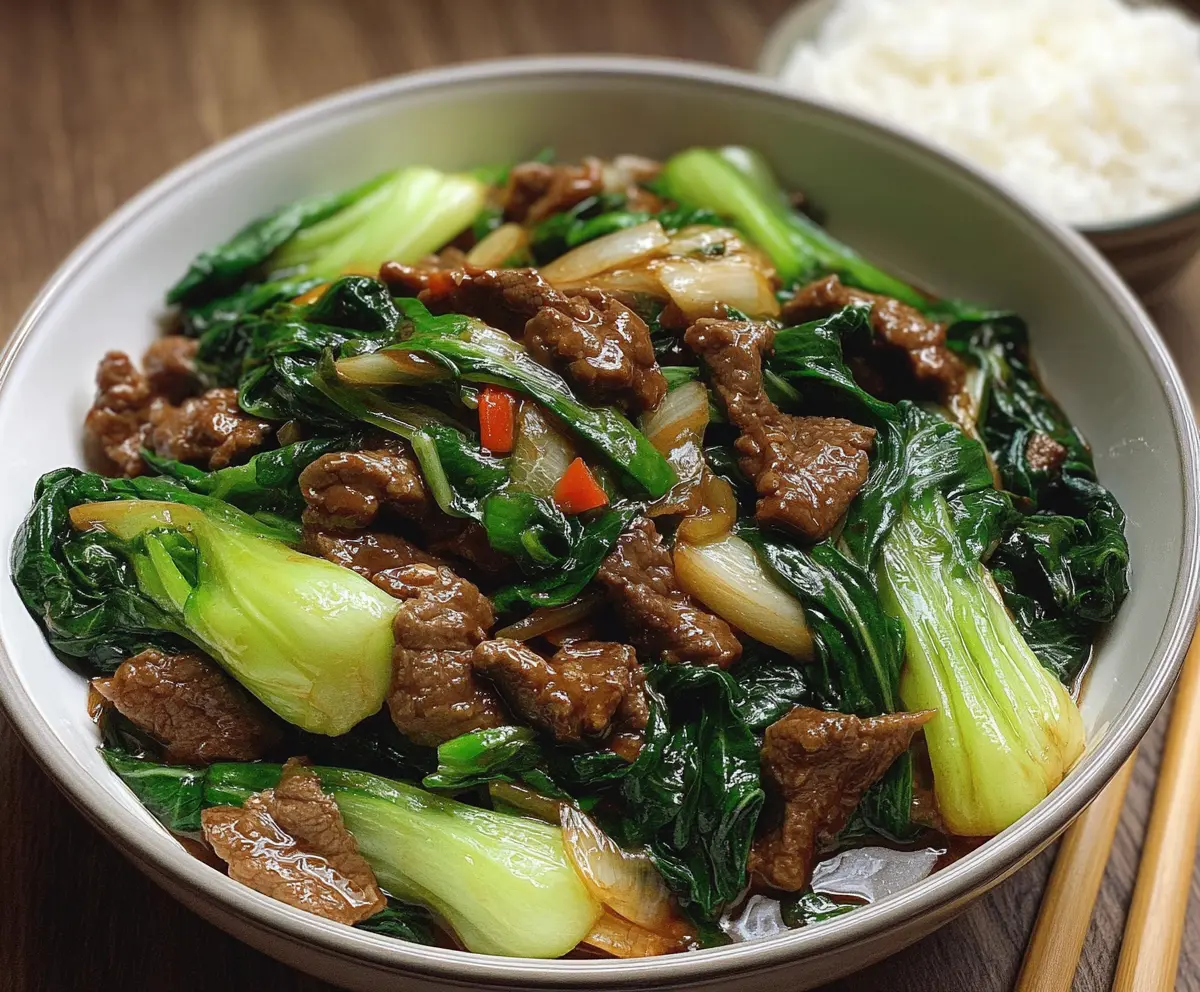 Delicious bok choy stir-fried beef dish with vibrant vegetables and savory sauce
