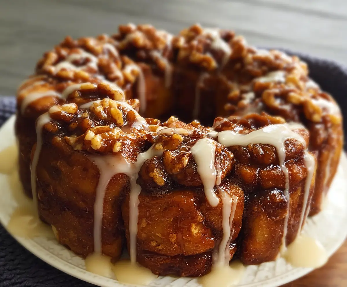 Delicious Apple-Walnut Cinnamon Roll Monkey Bread, freshly baked and topped with cinnamon sugar.