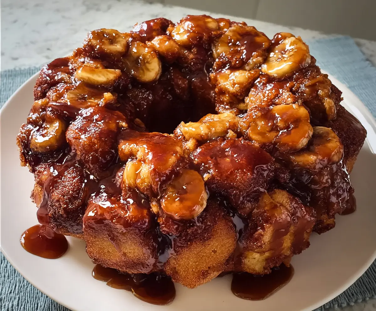 Delicious Bananas Foster Monkey Bread topped with caramelized bananas and warm cinnamon roll dough.