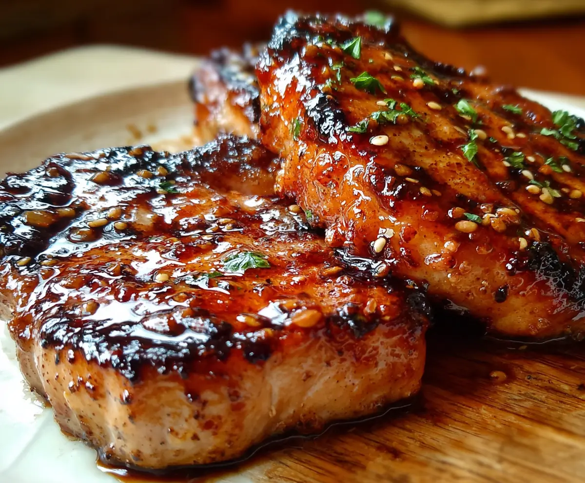 Juicy honey garlic pork chops served on a plate with fresh herbs