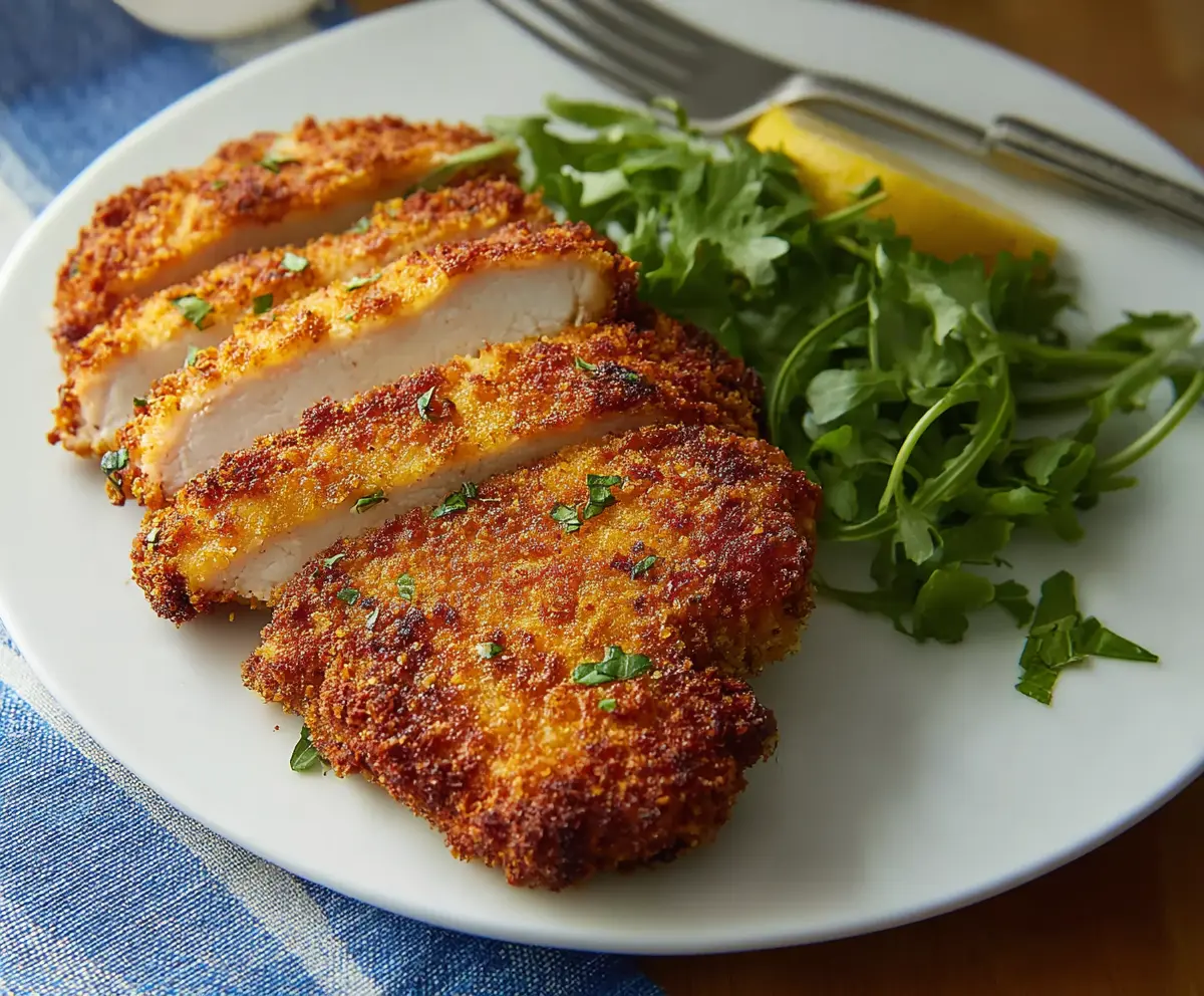 Crispy breaded air fryer pork chops served on a white plate with herbs