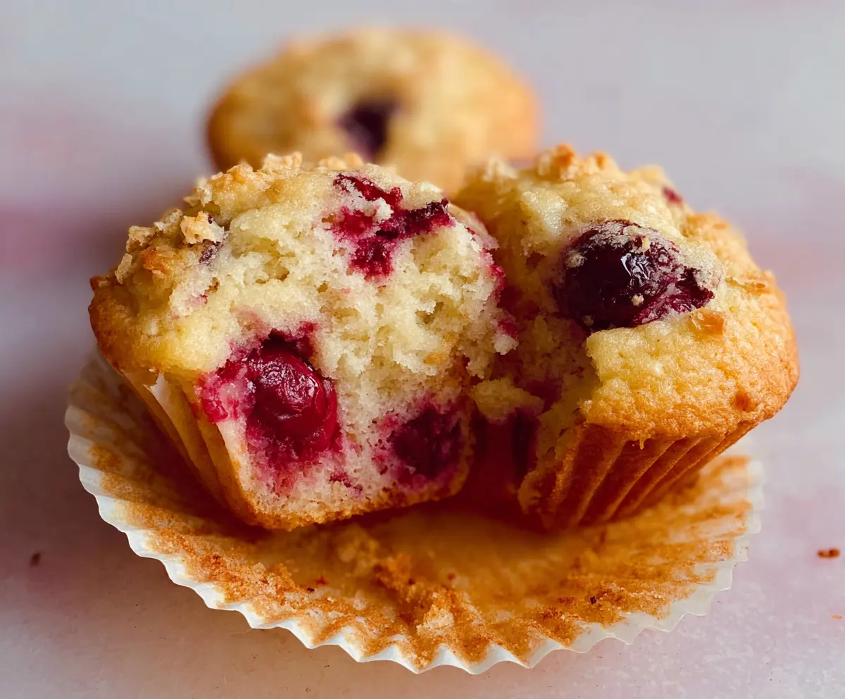Fresh cherry muffins on a plate, showcasing their fluffy texture and vibrant red cherries inside.