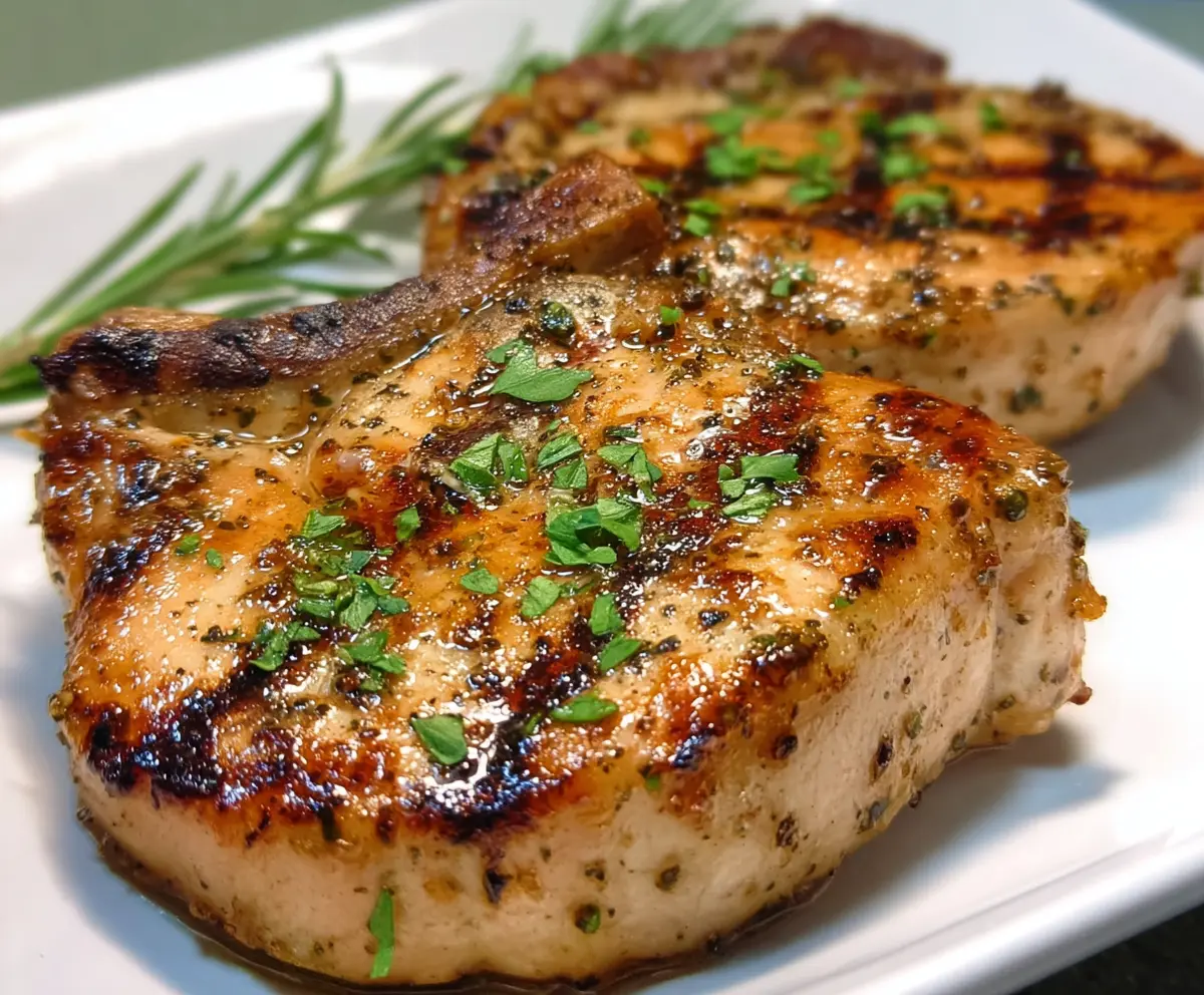 Delicious Chesapeake Bay Pork Chops with herbs and vegetables on a rustic plate