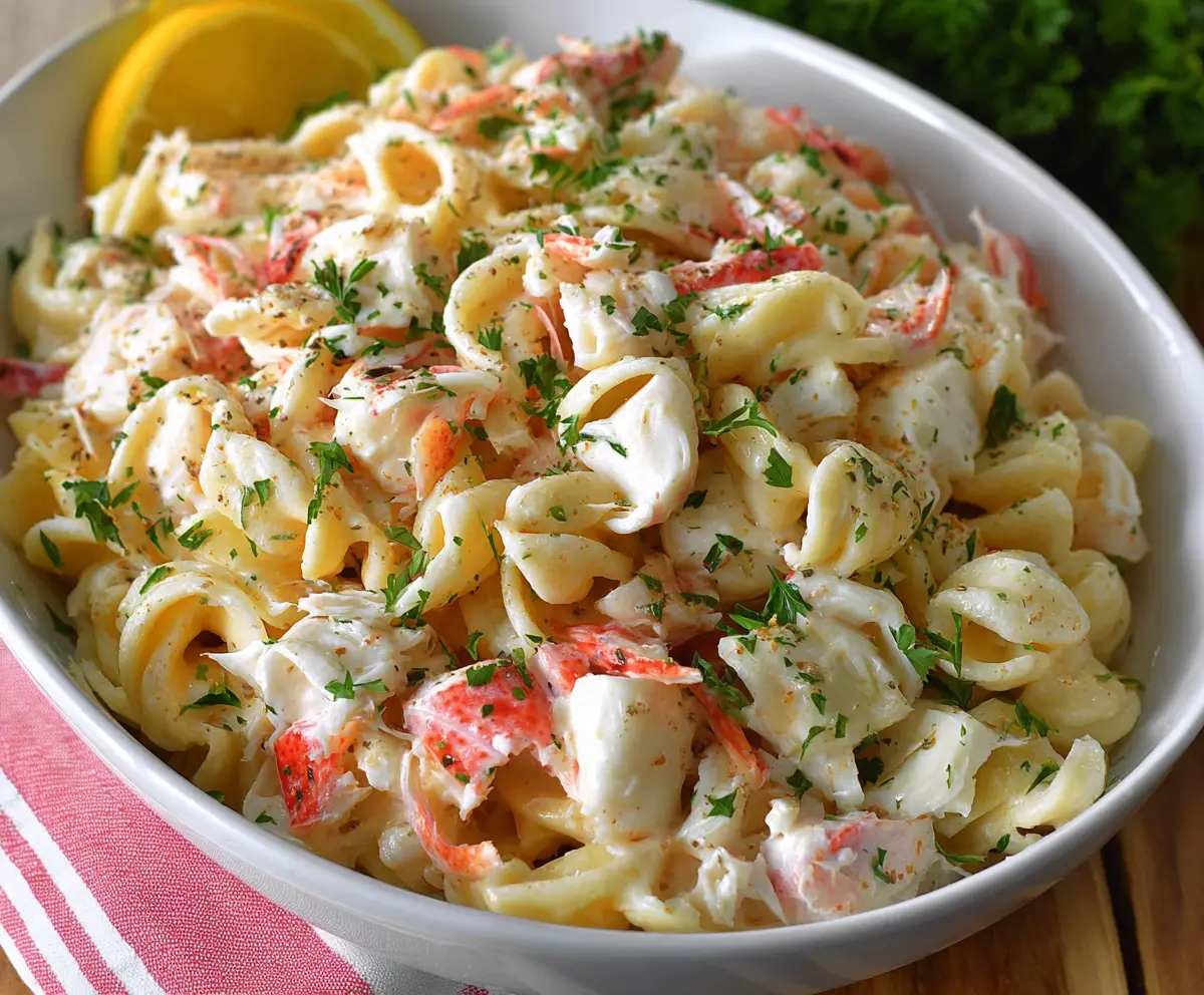Delicious crab pasta salad with fresh vegetables and herbs, perfect for summer gatherings.