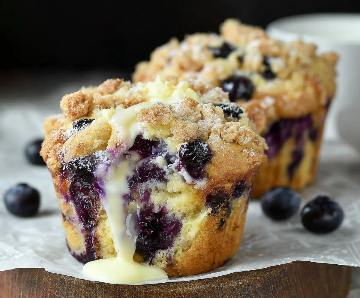 Freshly baked blueberry muffins with cream cheese filling, showcasing their moist texture and vibrant berries.