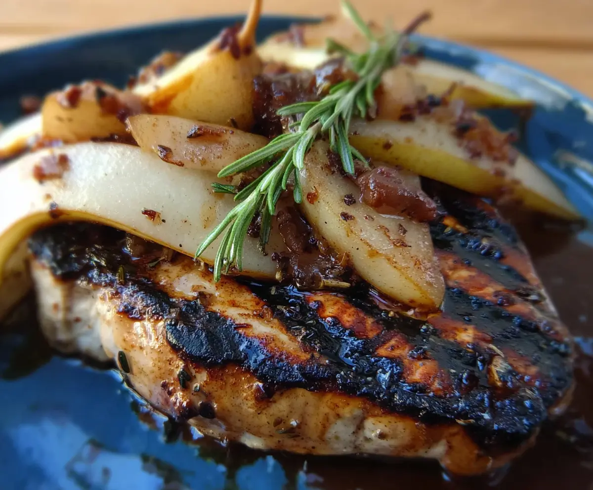 Juicy grilled pork chops served with sweet balsamic caramelized pears on a plate.