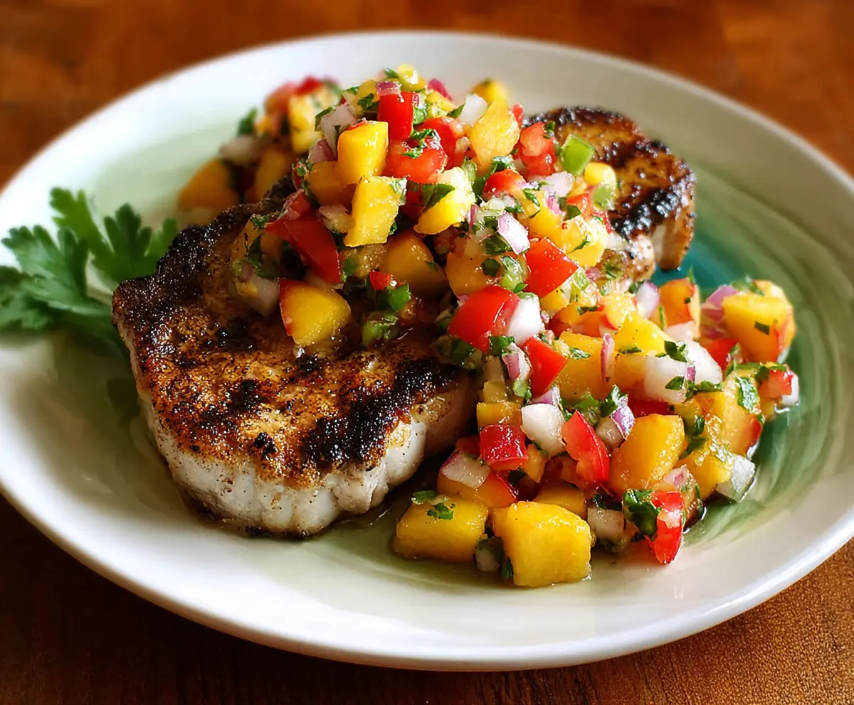 Juicy grilled pork chops topped with vibrant nectarine salsa, served on a plate for a flavorful summer meal.