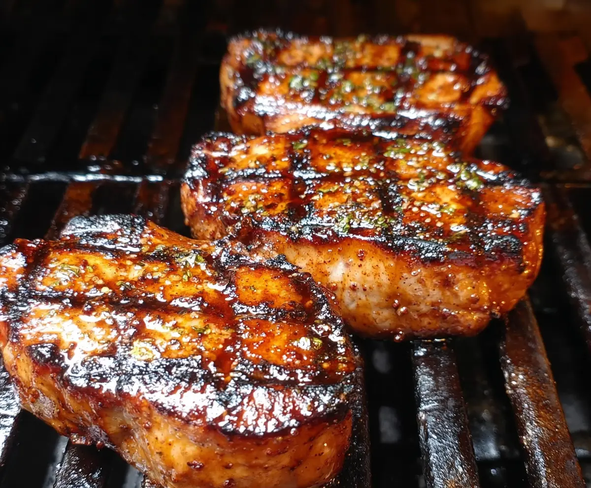 Juicy grilled pork loin chops served with fresh herbs on a barbecue grill.