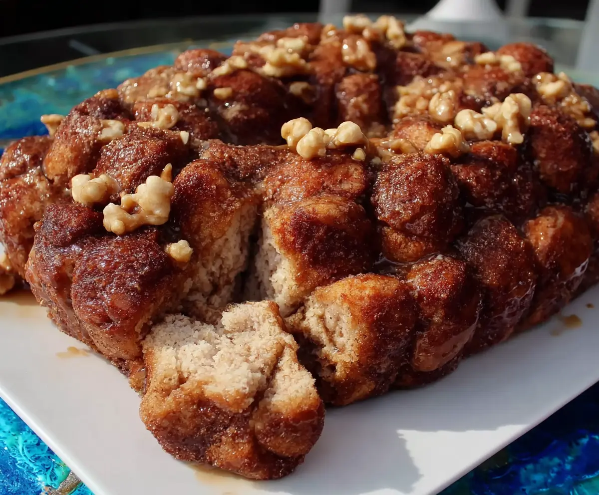 Delicious healthier monkey bread served in a baking dish, showcasing golden, fluffy layers with a sprinkle of cinnamon.