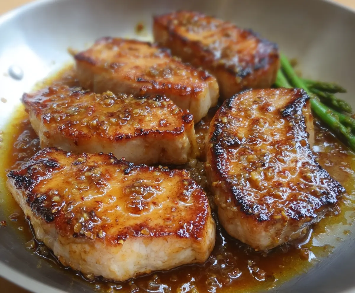 Juicy honey mustard glazed pork chops served on a plate with fresh herbs.