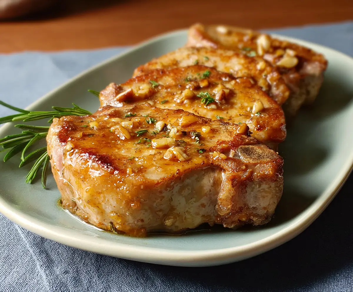 Juicy Instant Pot pork chops served with a side of vegetables on a plates.