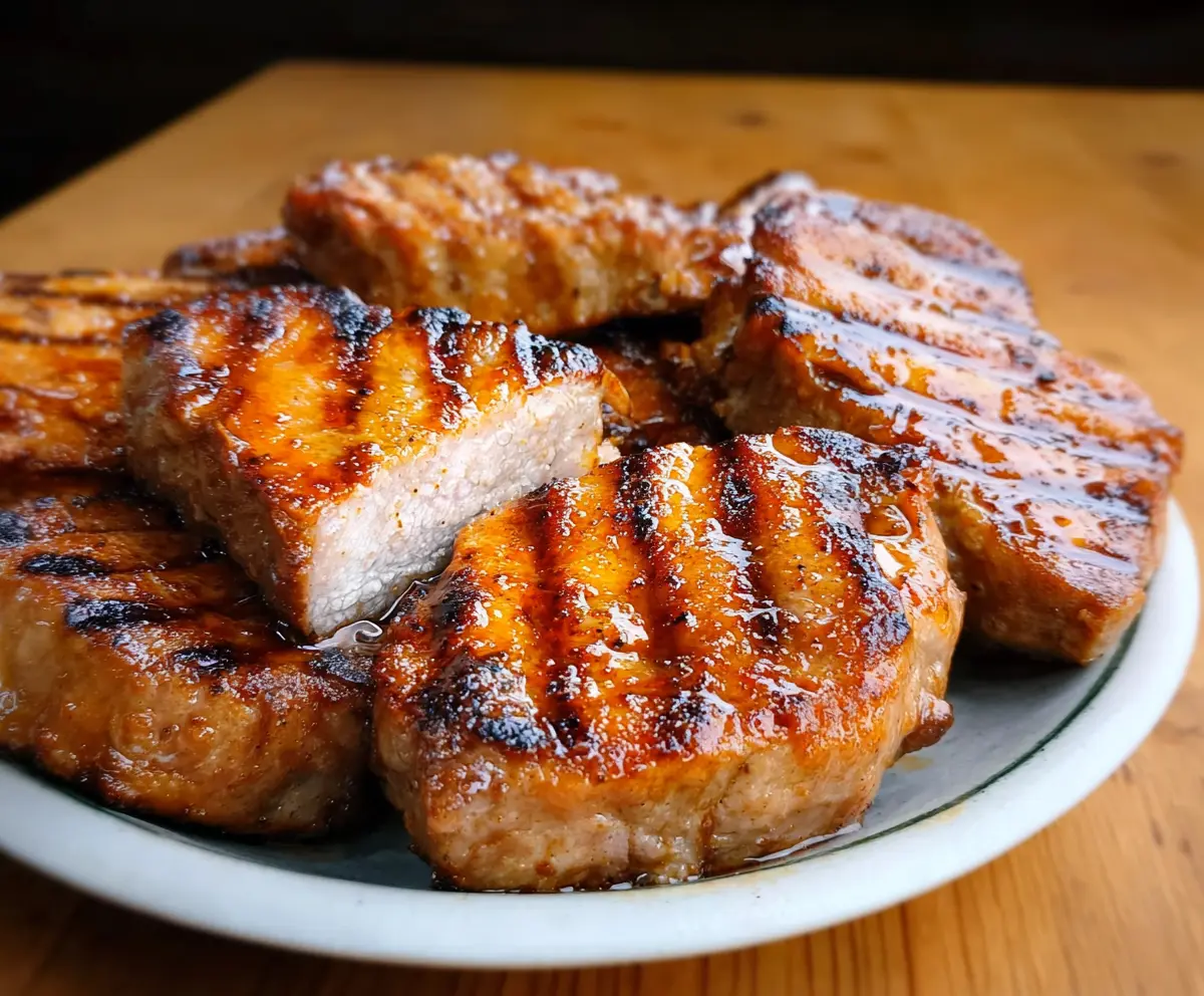 Deliciously juicy grilled pork chops served with fresh herbs on a sizzling barbecue grill.